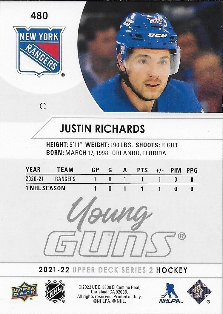 Autographed 2021-22 Upper Deck New York Rangers Justin Richards Young Guns Card