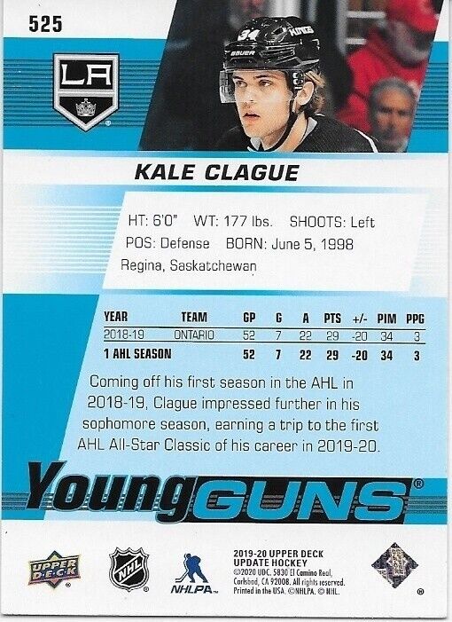 Autographed 2019-20 UD Los Angeles Kings Young Guns Kale Clague Rookie Card