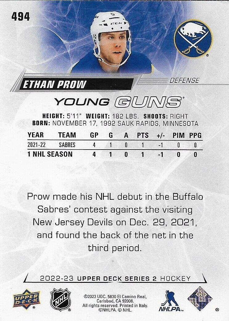 Signed Ethan Prow 2022-23 Upper Deck Buffalo Sabres Young Guns Rookie Card