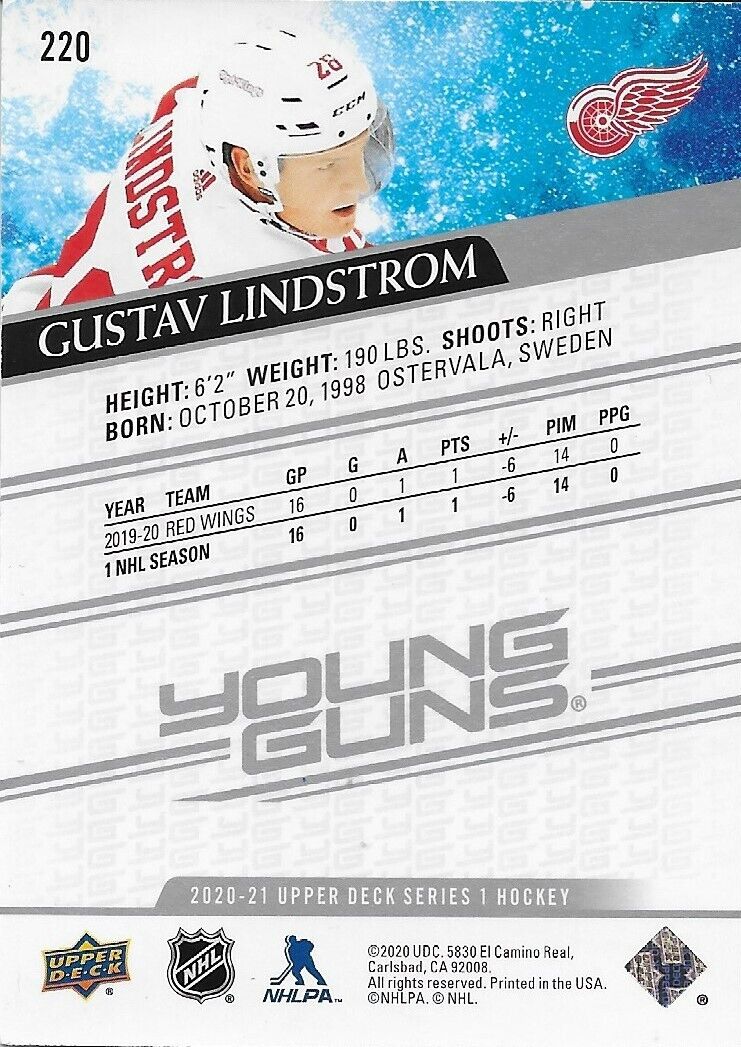 Carte de recrue Young Guns UD 2020-21 signée Gustav Lindstrom des Red Wings de Detroit
