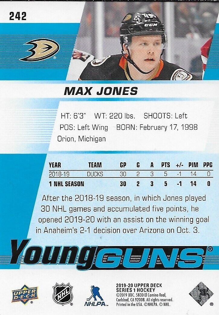 Carte de recrue Young Guns signée Max Jones des Ducks d'Anaheim 2019-20