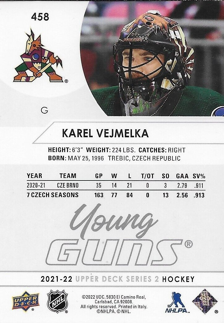Signed Karel Vejmelka Arizona Coyotes 2021-22 Upper Deck Young Guns Rookie Card
