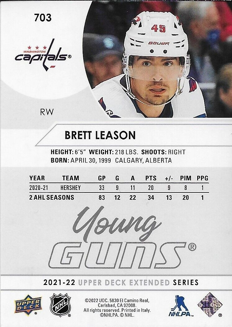 Carte recrue Upper Deck Young Guns 2021-22 signée Brett Leason de Washington Capital
