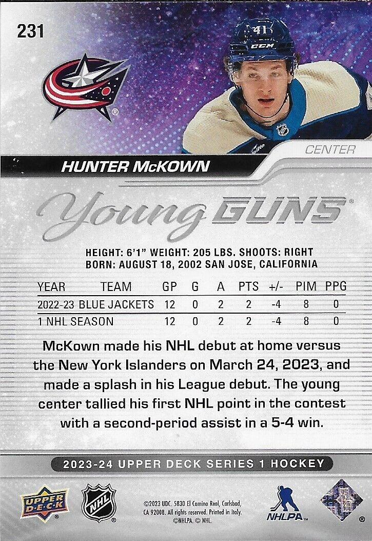 Carte de recrue Young Guns signée Hunter McKown 2023-24 UD Columbus Blue Jackets
