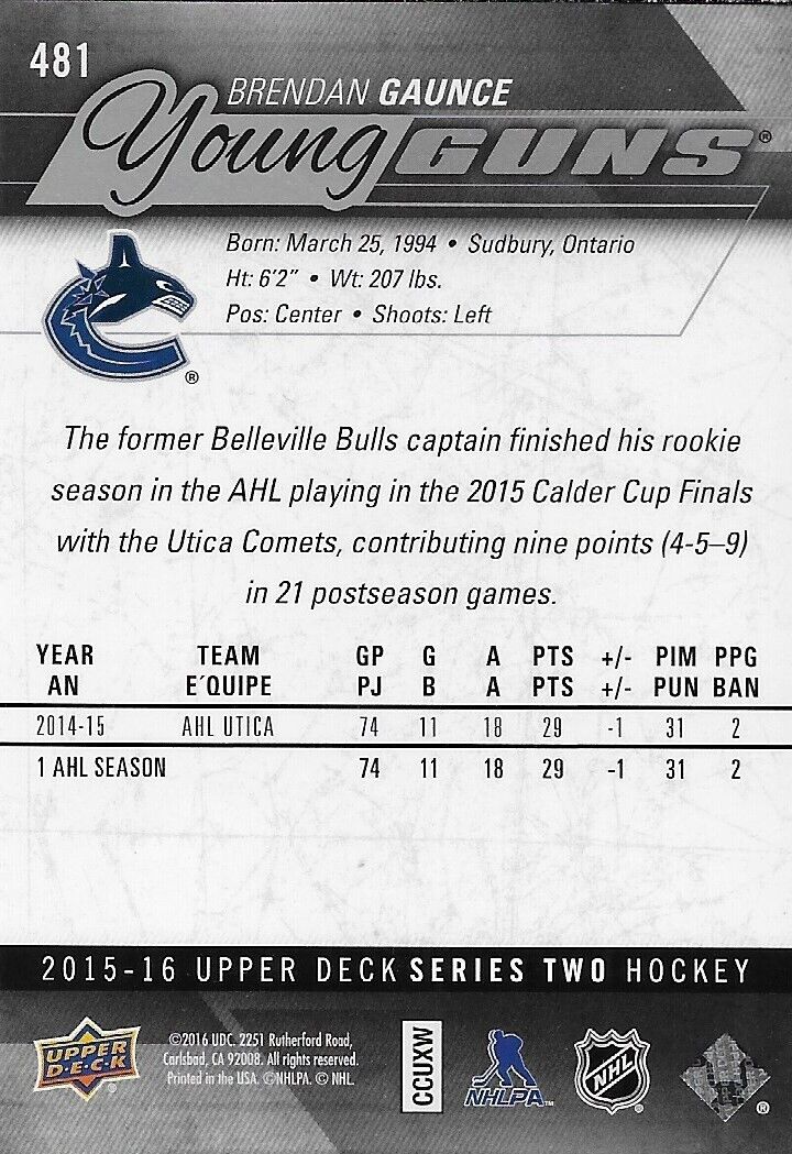 Signed Brendan Gaunce 2014-15 UD Vancouver Canucks Young Guns Rookie Card