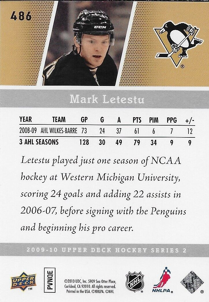 Carte de recrue Young Guns des Penguins de Pittsburgh signée par Mark Letestu 2009-10