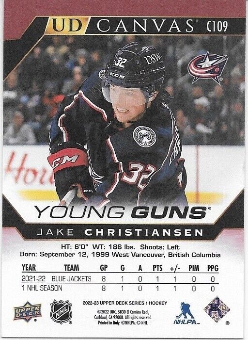 Carte en toile signée Jake Christiansen 2022-23 UD Columbus Blue Jackets Young Guns