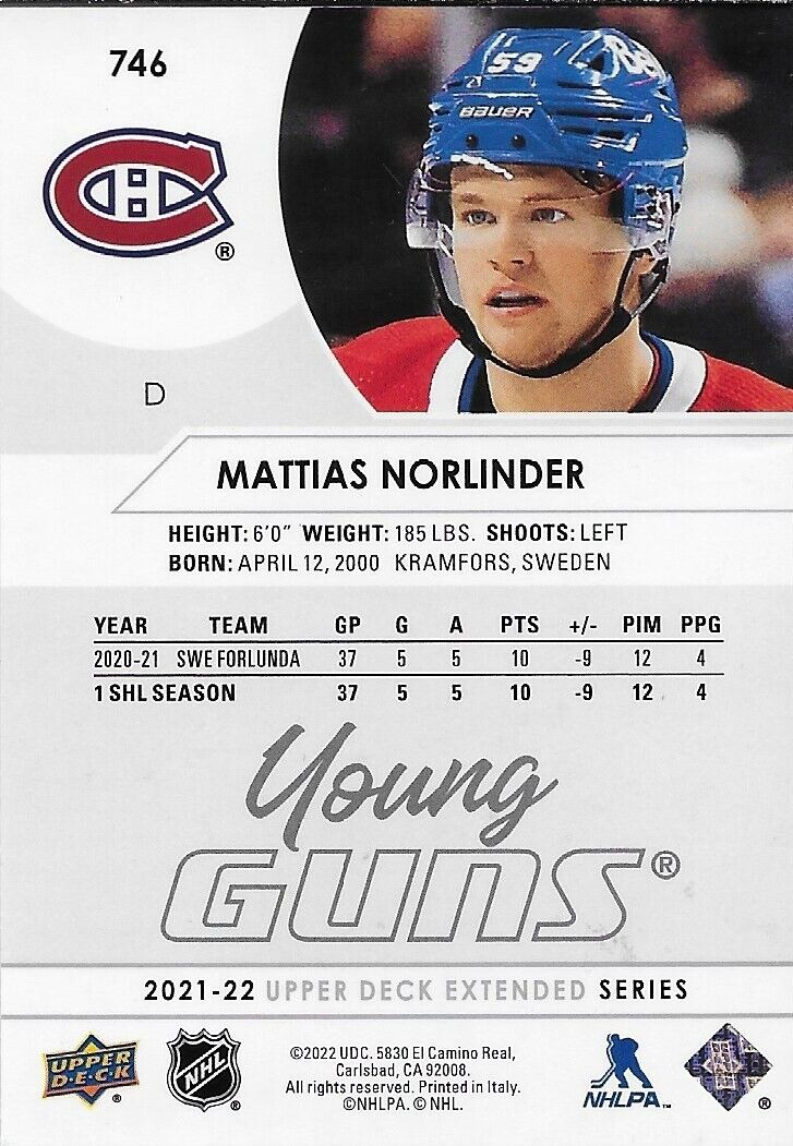 Carte de recrue signée Mattias Norlinder Young Guns UD 2021-22 des Canadiens de Montréal