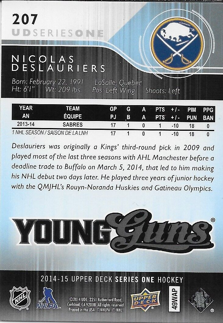 Carte de recrue signée par Nicolas Deslauriers Young Guns UD 2014-15 des Sabres de Buffalo