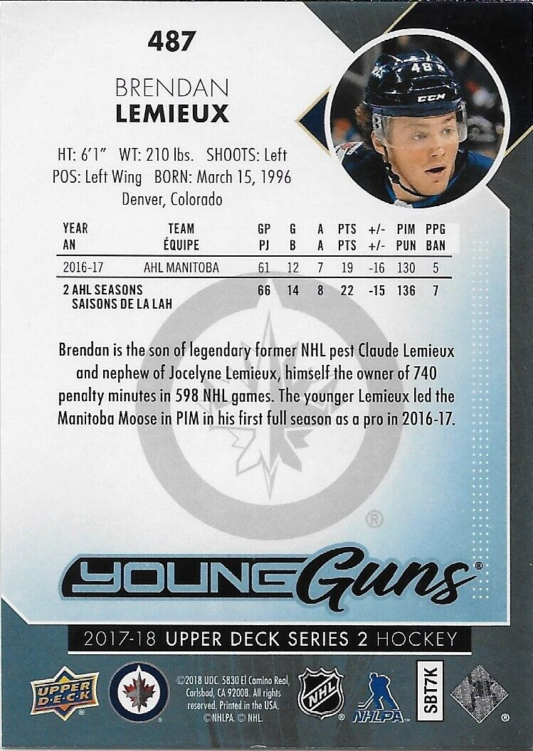 Signed Brendan Lemieux 2017-18 UD Winnipeg Jets Young Guns Rookie Card