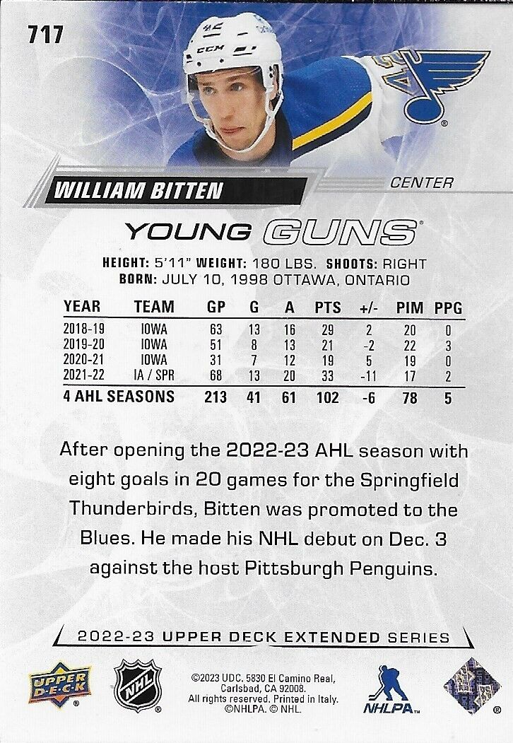 Signed William Bitten 2022-23 UD St. Louis Blues Young Guns Rookie Card