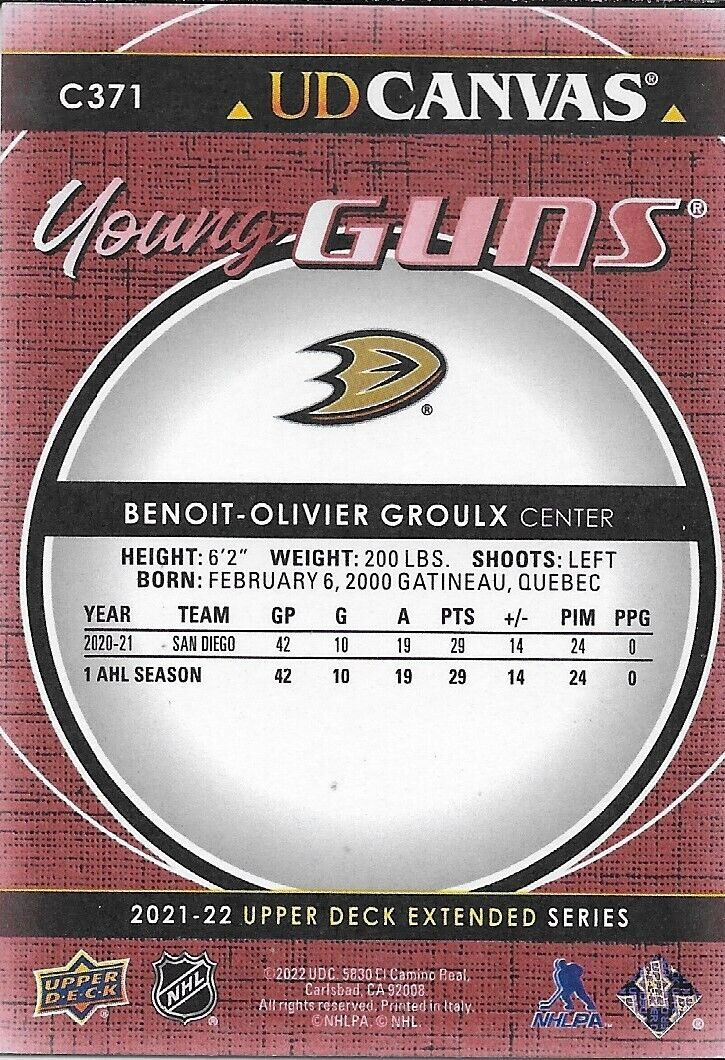 Signed Benoit Olivier Groulx 21-22 UD Anaheim Ducks Young Guns Canvas Rookie Crd
