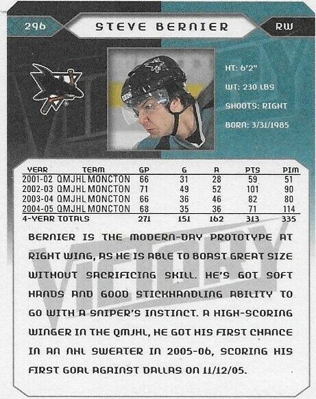 Signed Steve Bernier San Jose Sharks UD 2005/06 Rookie Card Original