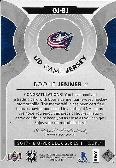 Signed Boone Jenner 2017/18 UD Game Jersey Columbus Blue Jackets Card Original