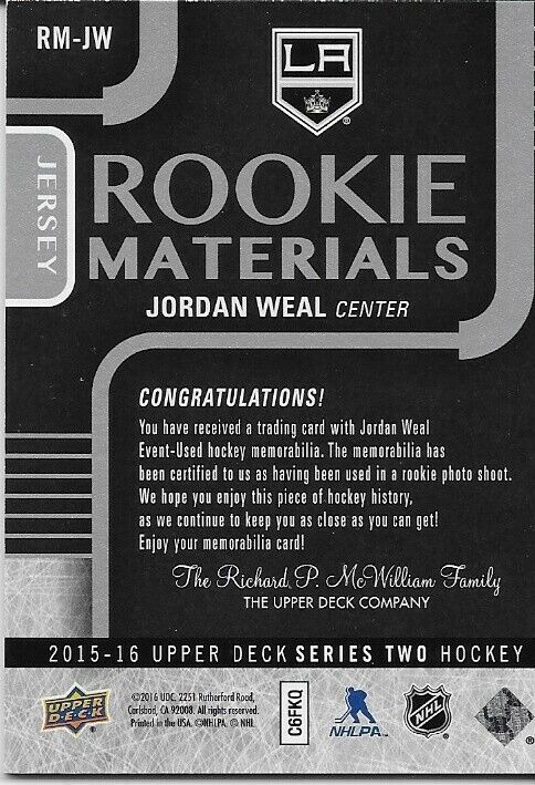 Carte signée Jordan Weal 15/16 UD Rookie Materials Los Angeles Kings Original
