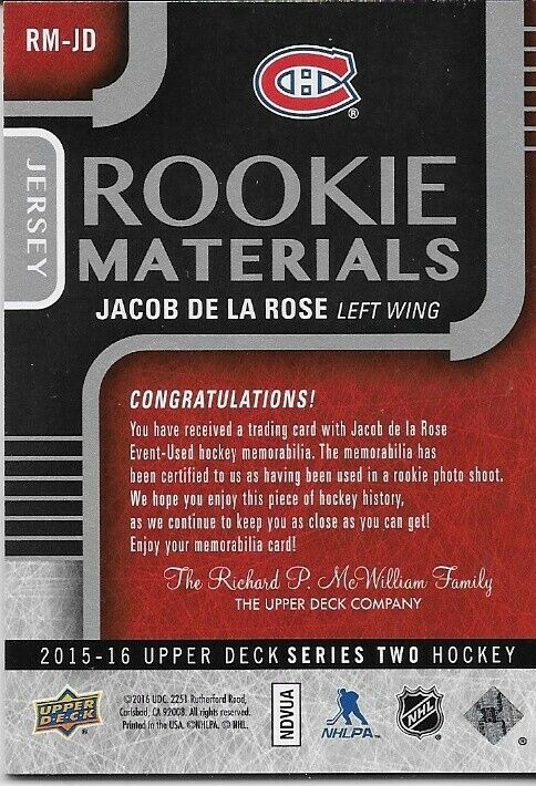 Carte signée par Jacob De La Rose 15/16 UD Rookie Materials des Canadiens de Montréal RM-JD