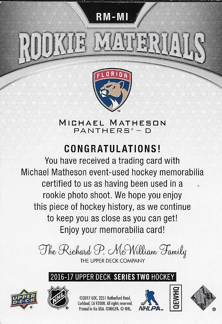 Carte signée Mike Matheson 16/17 UD Rookie Materials Florida Panthers RM-MI