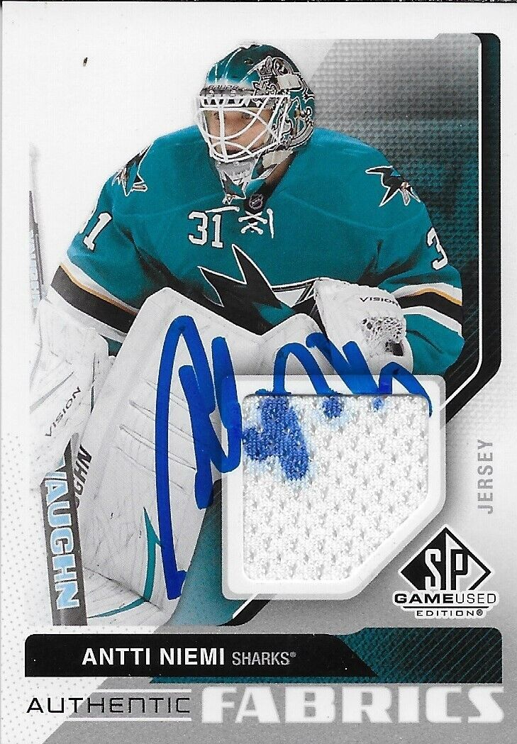 Signed Antti Niemi 2014/15 UD SP Authentic Fabrics San Jose Sharks Card # AF-AN