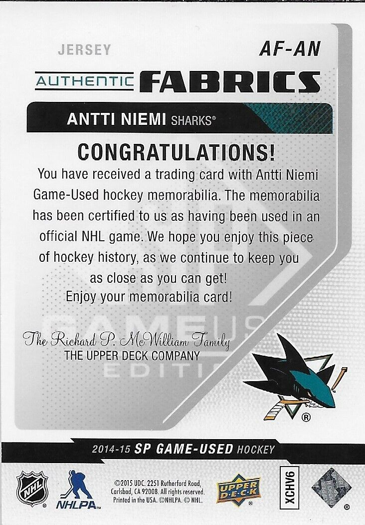 Signed Antti Niemi 2014/15 UD SP Authentic Fabrics San Jose Sharks Card # AF-AN