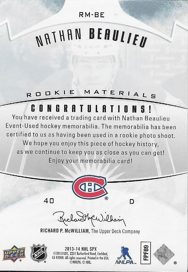 Carte signée Nathan Beaulieu 13/14 UD Rookie Materials des Canadiens de Montréal # RM-BE