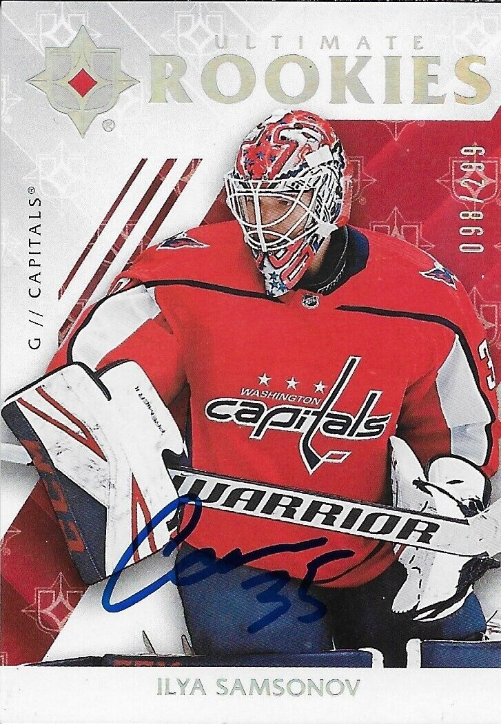 Carte signée Ilya Samsonov 18/19 UD Ultimate Rookie Washington #72 et 098/299