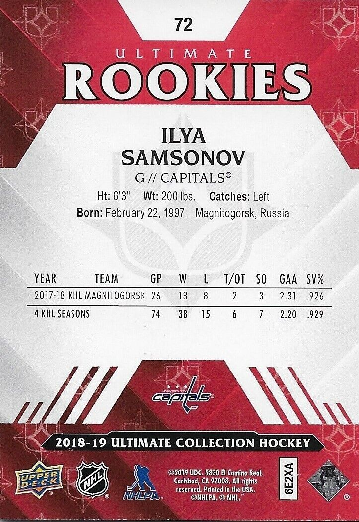 Carte signée Ilya Samsonov 18/19 UD Ultimate Rookie Washington #72 et 098/299
