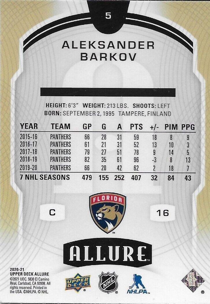 Signed Aleksander Barkov 2020/21 UD Allure Florida Panthers Card #4 Original