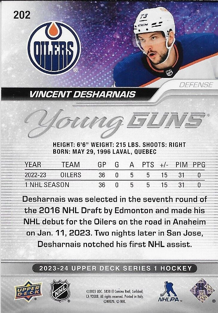 Signed Vincent Desharnais Young Guns 23/24 UD Edmonton Oilers Rookie Card