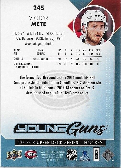 Signed Victor Mete Young Guns 2017-18 UD Montreal Canadiens Rookie Card