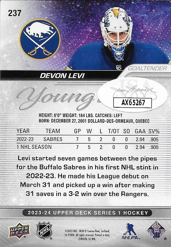 Signed Devon Levi 23-24 UD Young Guns Buffalo Sabres Rookie Card w JSA Authentic