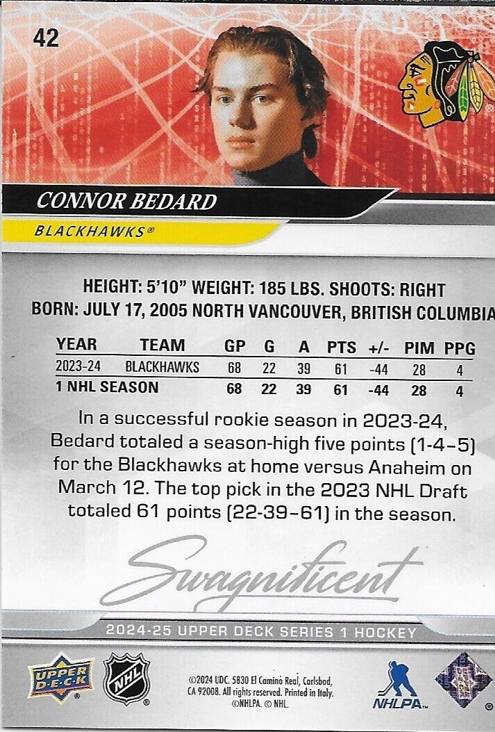 2024-25 Upper Deck NHL Series One Connor Bedard Swagnificent Card #42