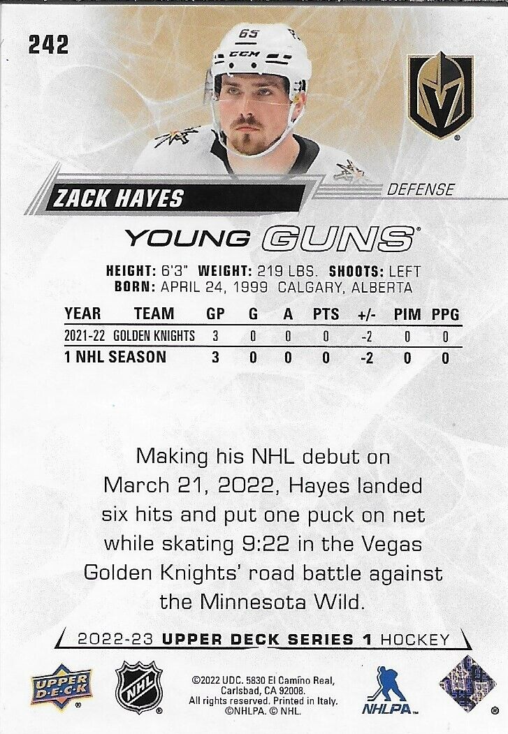 Carte de recrue signée Zack Hayes 2022-23 UD Young Guns Vegas Golden Knights
