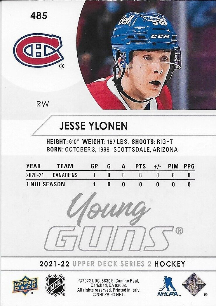 Carte de recrue signée Jesse Ylonen 2021-22 UD Young Guns des Canadiens de Montréal