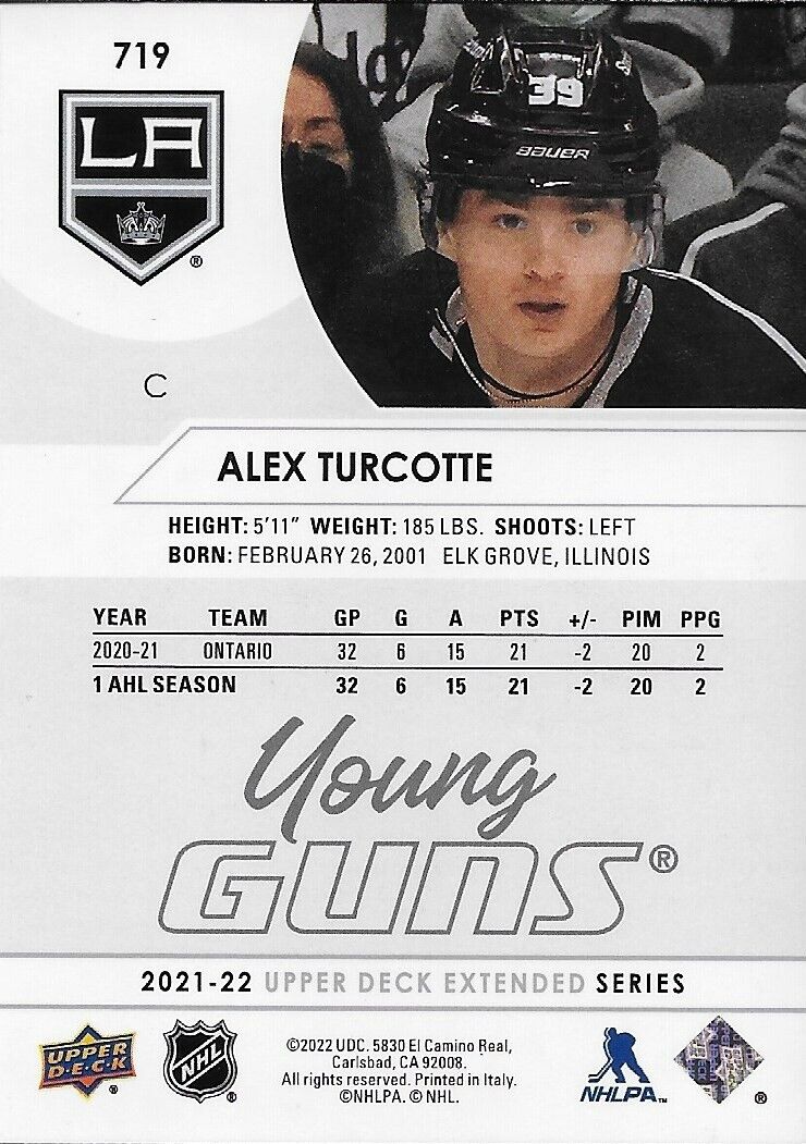 Carte de recrue signée Alex Turcotte 2021-22 UD Young Guns Los Angeles Kings