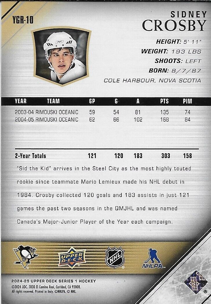 Carte recrue renouvelée #YGR-10 de la série 1 Upper Deck 2024-25 de Sidney Crosby Young Guns