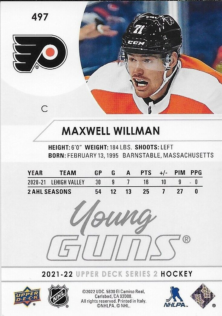 Carte de recrue signée Maxwell Willman 21-22 UD Young Guns Philadelphia Flyers #1