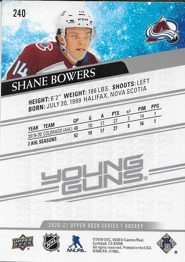 Signed Shane Bowers 2020-21 UD Young Guns Colorado Avalanche Rookie Card #1