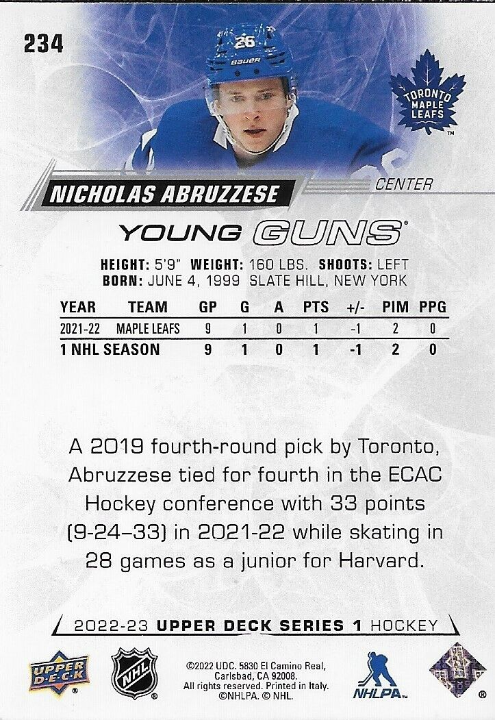 Carte signée Nicholas Abruzzese des Maple Leafs de Toronto 22-23 Upper Deck Young Guns 1