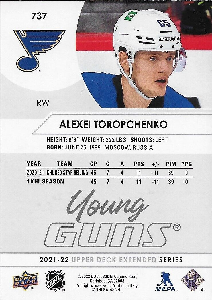 Signed Alexei Toropchenko 2021-22 UD Young Guns St. Louis Blues Rookie Card
