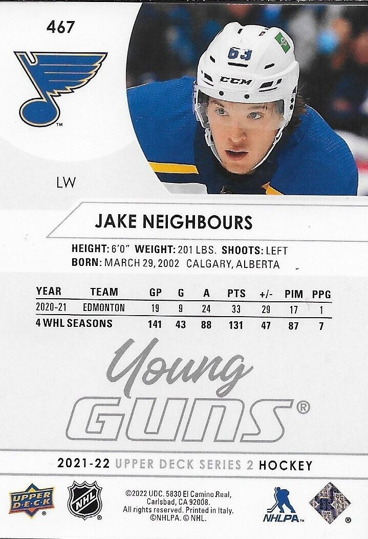 Carte de recrue signée Jake Neighbours 2021-22 UD Young Guns St. Louis Blues