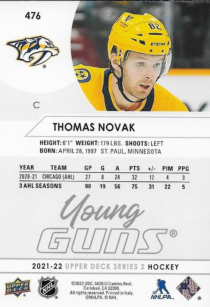 Signed Thomas Novak Young Guns 2021-22 UD Nashville Predators Rookie Card