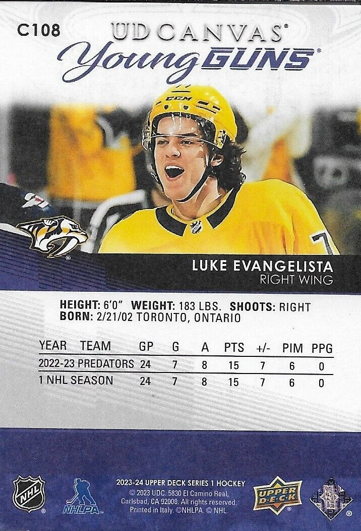 Carte de recrue Nashville 2023-24 signée Luke Evangelista UD Young Guns
