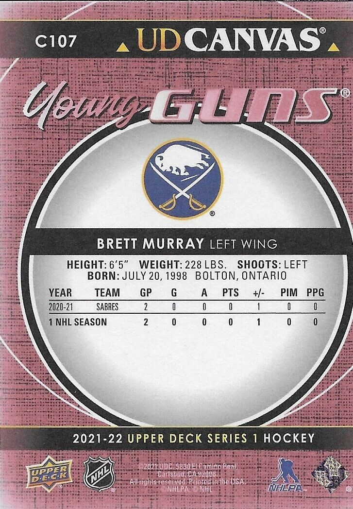 Signed Brett Murray UD Young Guns Canvas 2021-22 Buffalo Sabres Rookie Card
