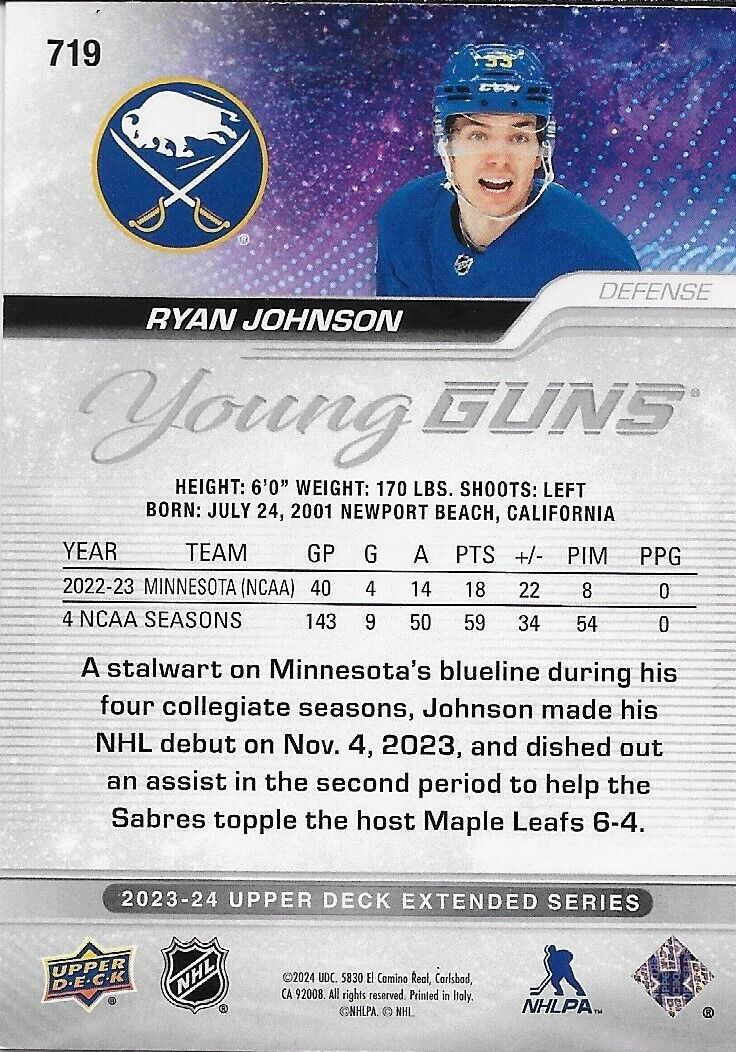 Signed Ryan Johnson UD Young Guns 2023-24 Buffalo Sabres Rookie Card Original