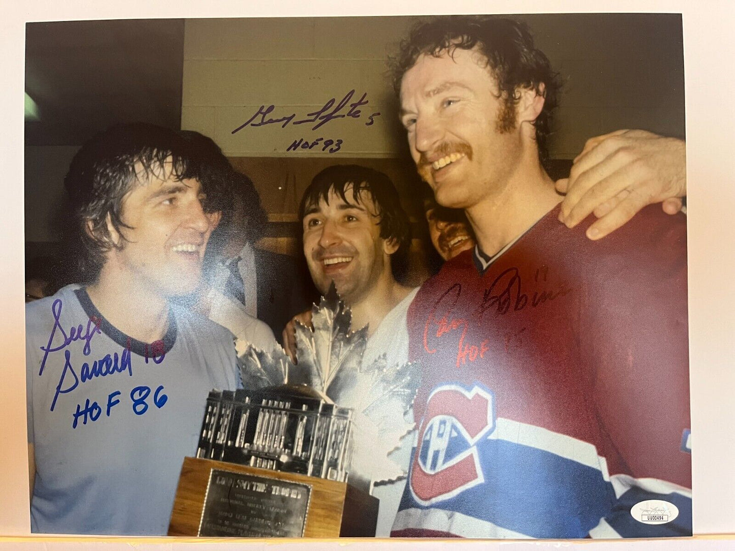 Photo 11x14 signée par Serge Savard, Guy Lapointe et Larry Robinson des Canadiens avec JSA 1a