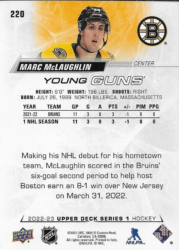 Carte de recrue signée Marc McLaughlin UD 2022-23 Young Guns des Bruins de Boston