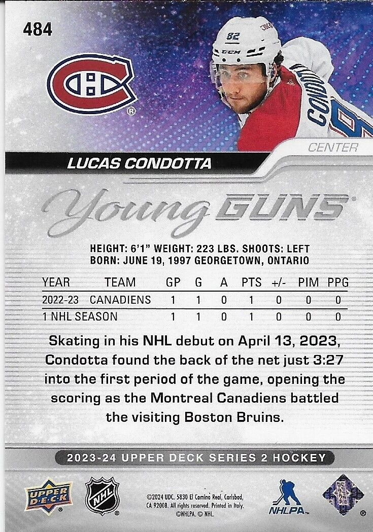 Signed Lucas Condotta Young Guns 2023-24 UD Montreal Canadiens Rookie Card