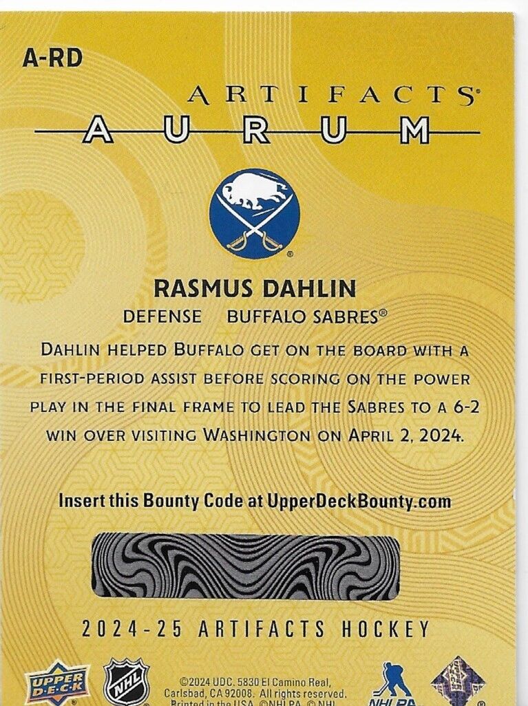 2024-25 Upper Deck Artifacts Hockey Rasmus Dahlin Aurum unscratched #A-RD