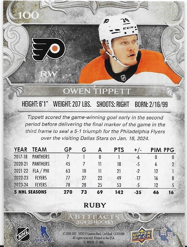 2024-25 Upper Deck Artifacts Hockey Philadelphia Flyers Owen Tippett 488/499 100