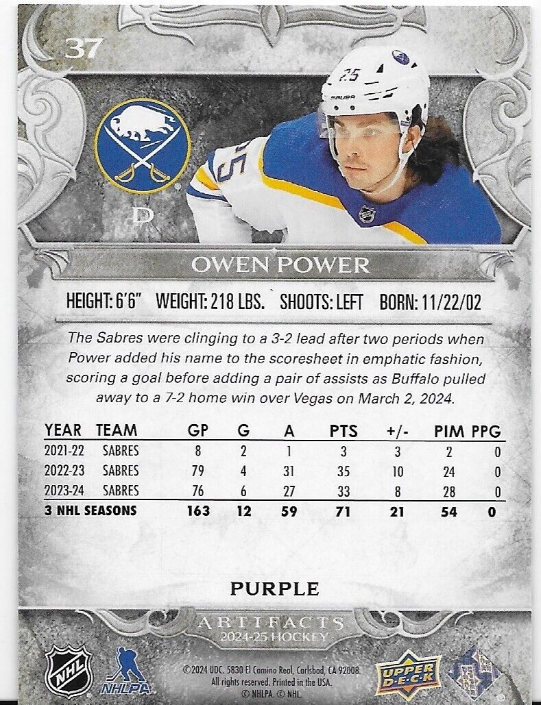 2024-25 Upper Deck Artifacts Hockey Buffalo Sabres Owen Power Purple 11/25 #37